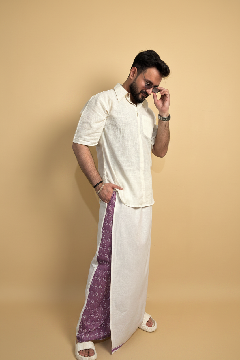 Men White Color  Pajamalungi With Purple Embroidery Panel
