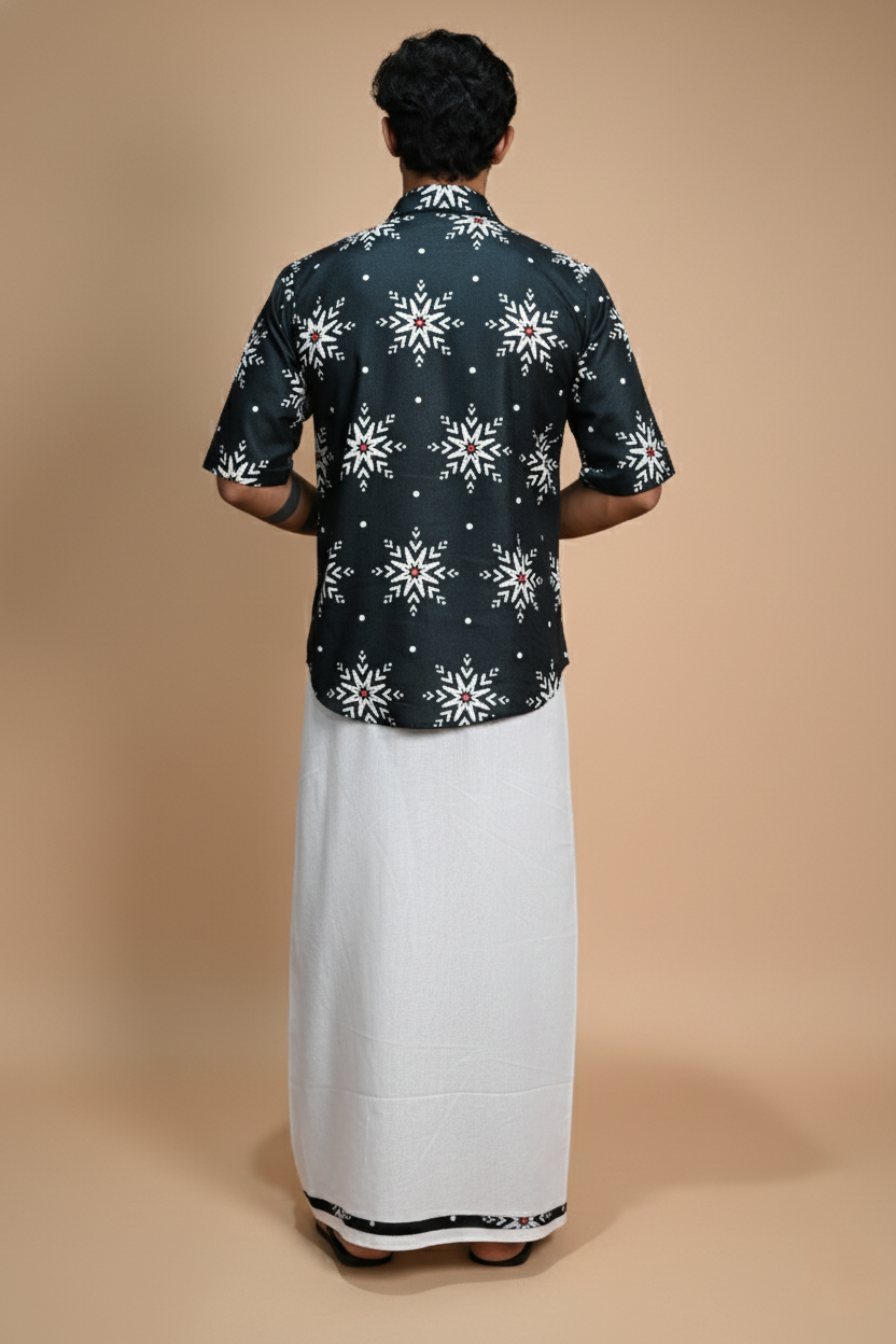 Snowflake Charm Navy Color Digital Print Kurta Shirt For Men