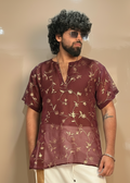 Men Wine Colour Viscose Organza Foil Print Kurta