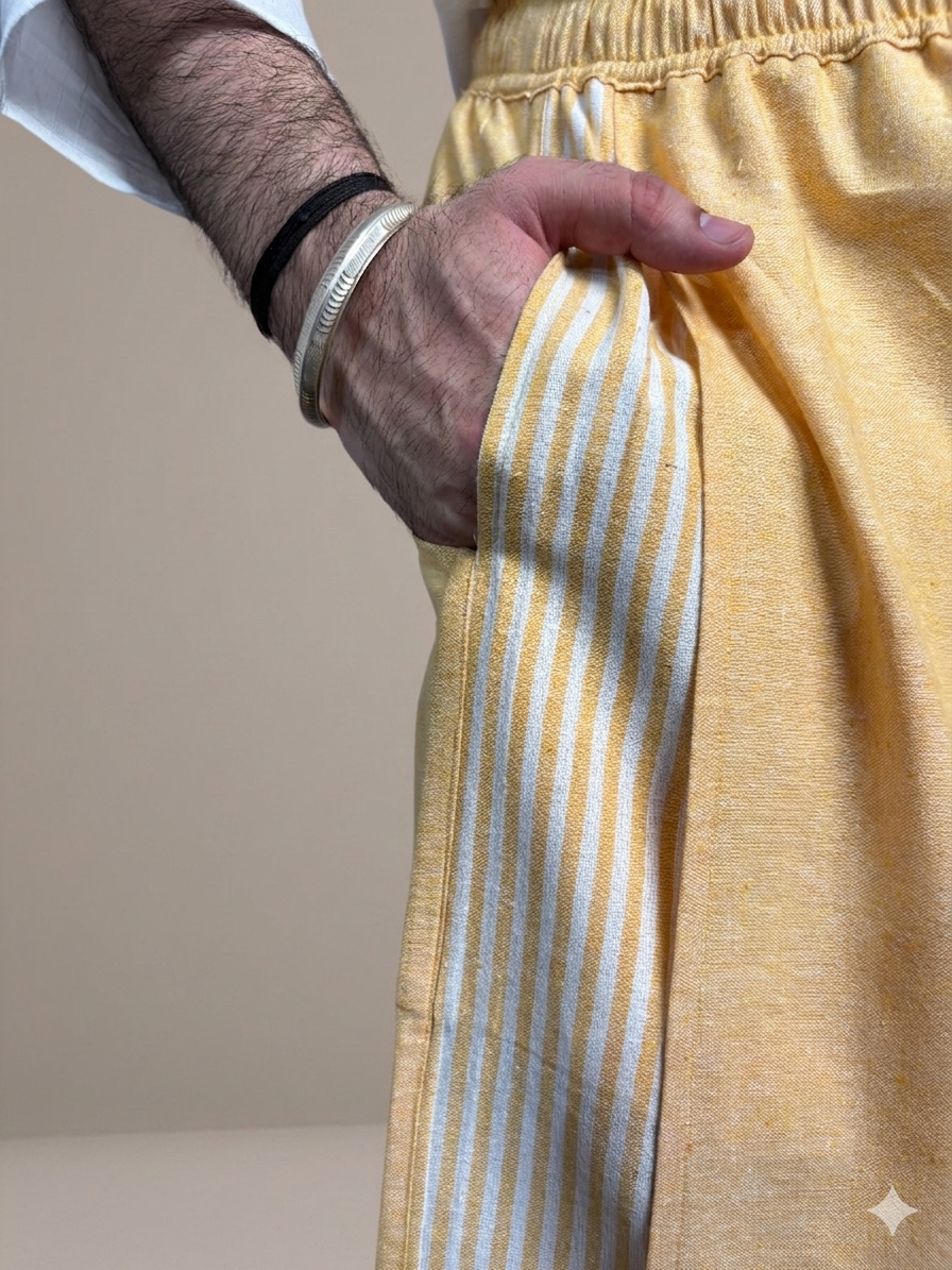 Men Yellow Color Pajamalungi With Yellow Stripe Panel