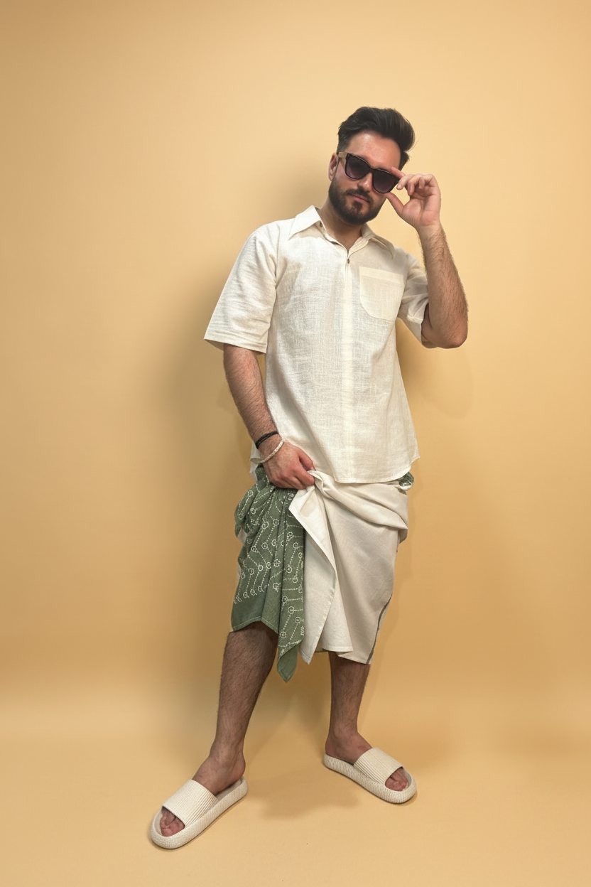 Men White Color  Pajamalungi With Green Embroidery Panel