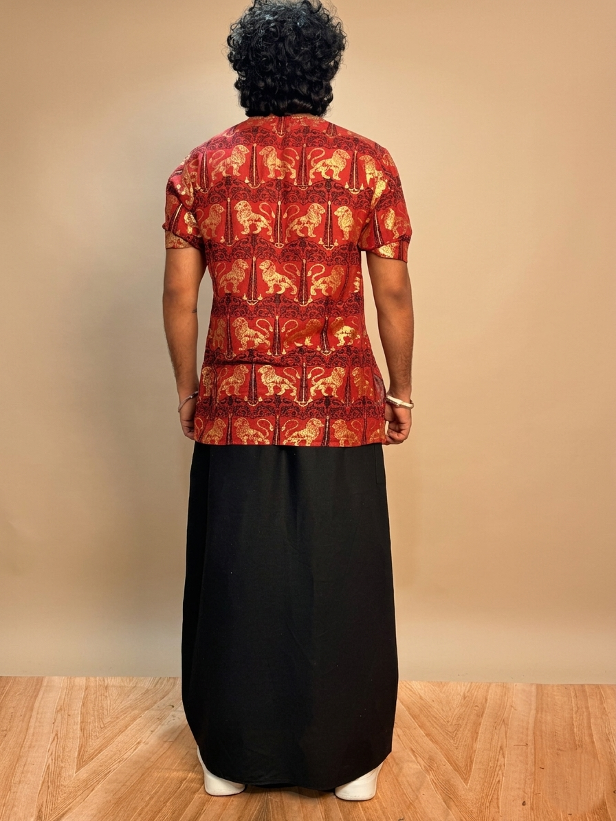 Mens short sleeve v neck royal lion foil print Kurta