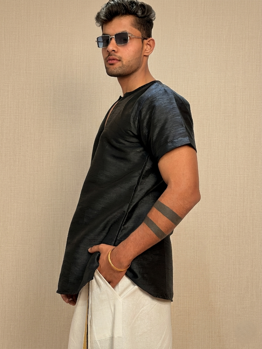 Men Black Colour Mulberry Silk Kurta.