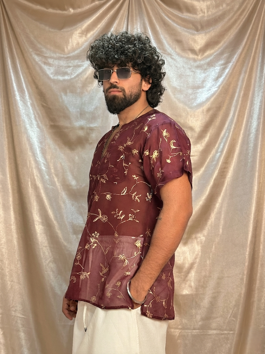 Men Wine Colour Viscose Organza Foil Print Kurta