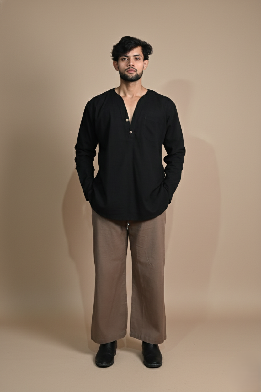 Cotton Black Color Full Sleeve Kurta For Men
