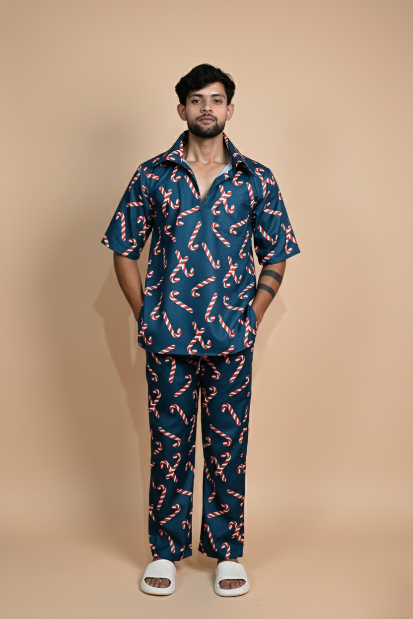 Dark Teal Candy Cane Digital Print Pajama For Men's