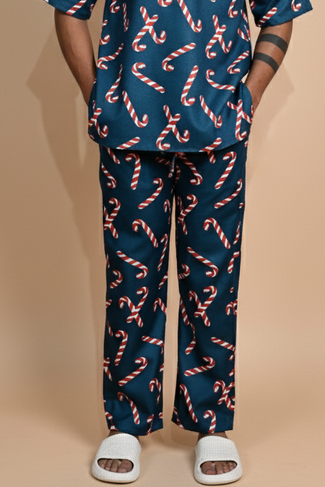 Dark Teal Candy Cane Digital Print Pajama For Men