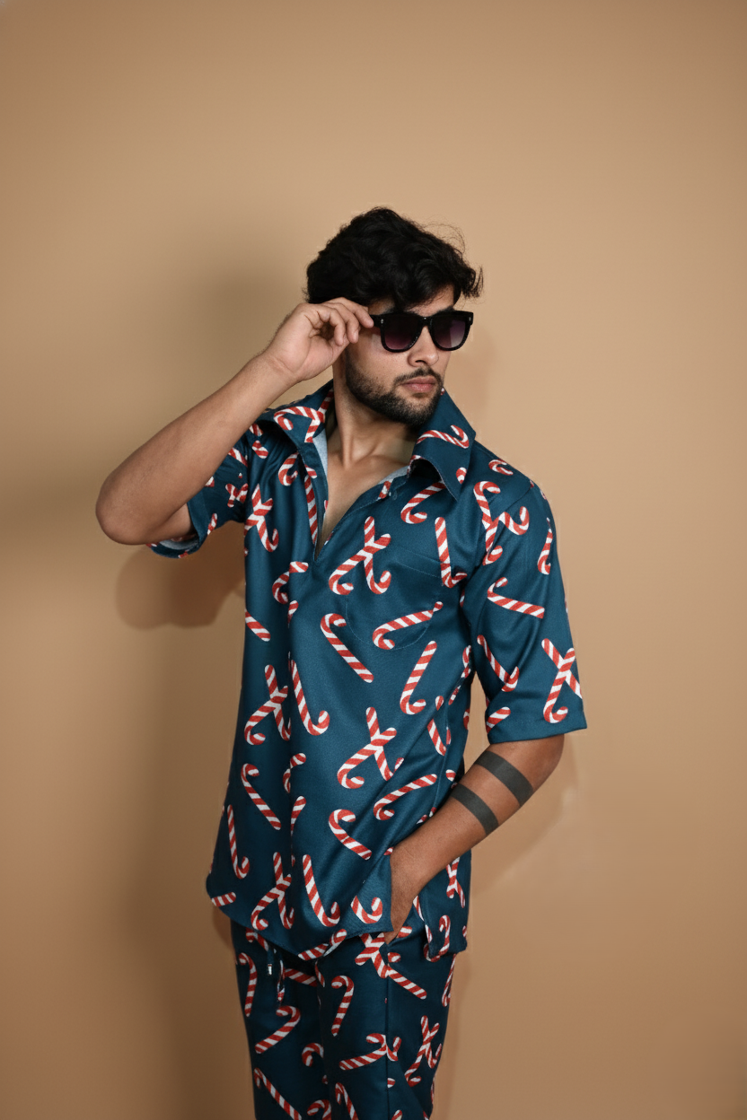 Dark Teal Candy Cane Digita Print Kurta For Men