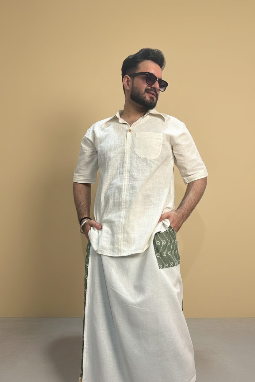 Men White Color  Pajamalungi With Green Embroidery Panel