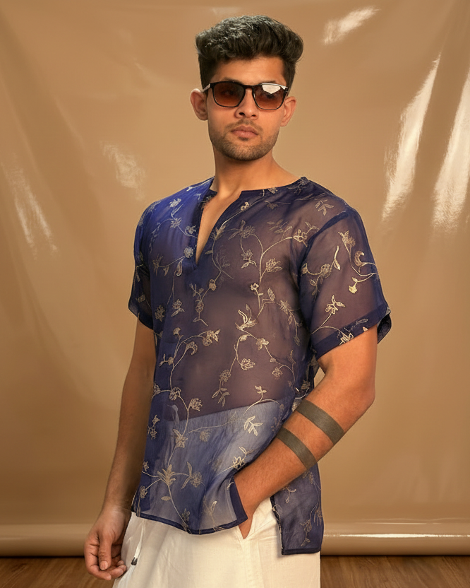 Men Navy Blue Colour Viscose Organza Foil Print Kurta