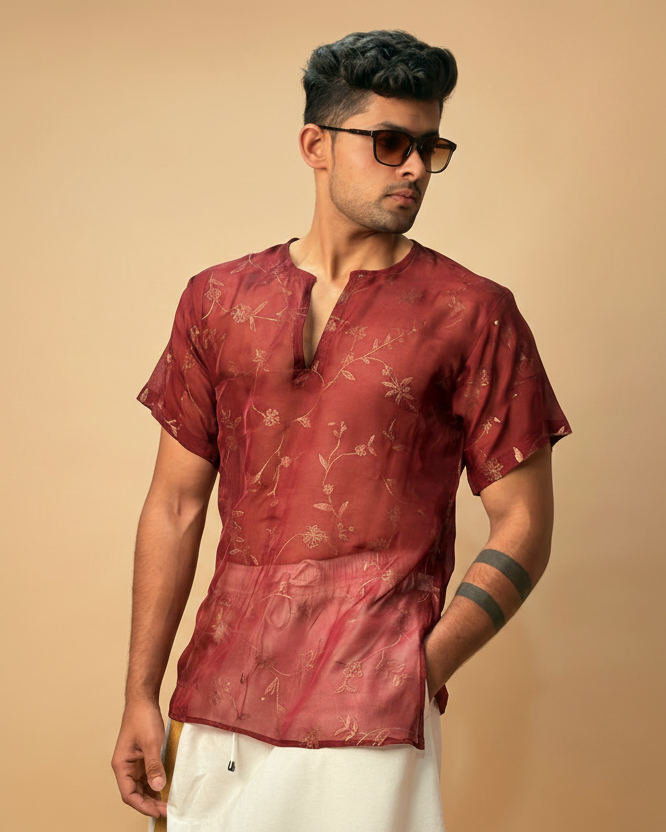 Men Maroon Colour Viscose Organza Foil Print Kurta