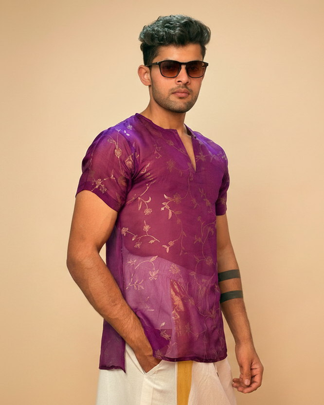 Men Purple Colour Viscose Organza Foil Print Kurta