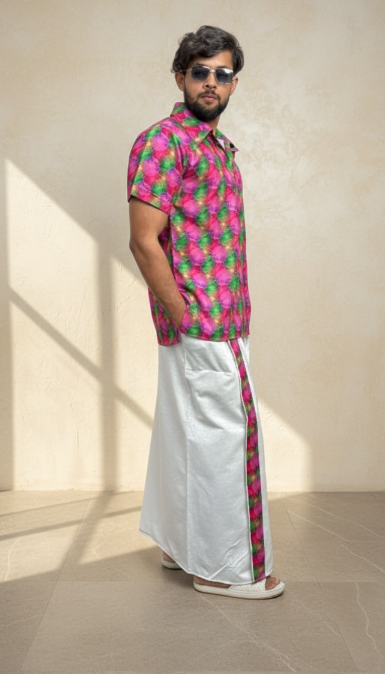 Men's White Cotton Printed Side Stripe Pajamalungi