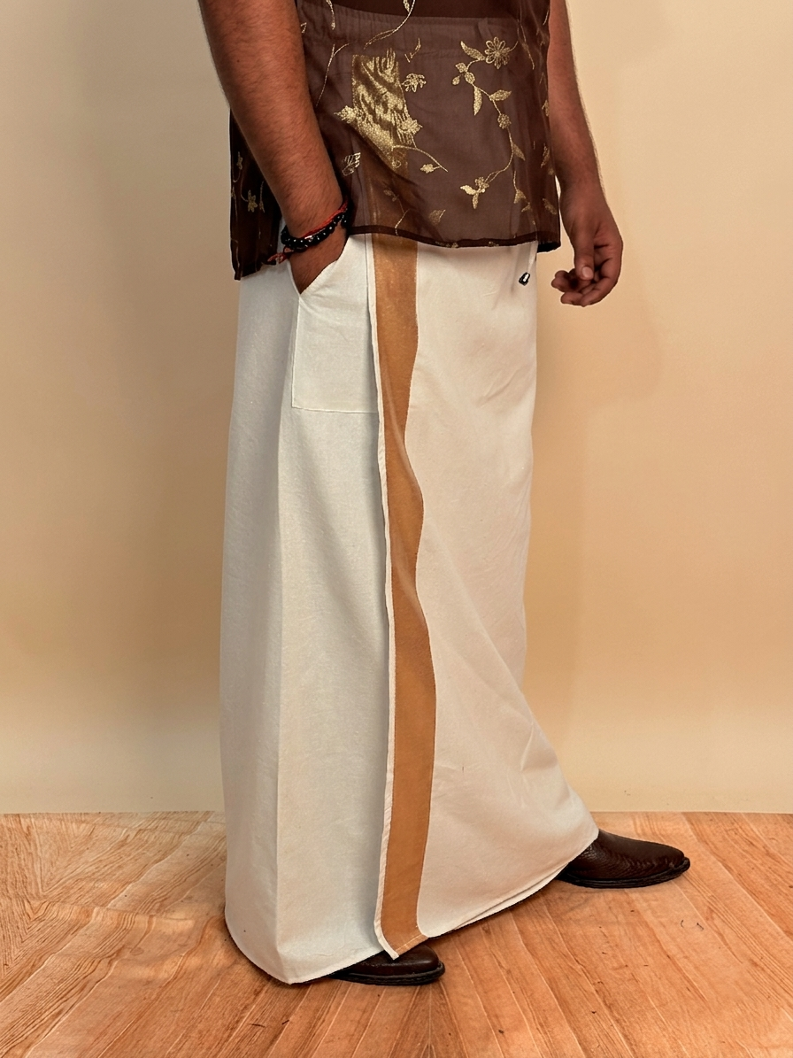 Men White Color With Light Golden Zari Stripe Pajamalungi