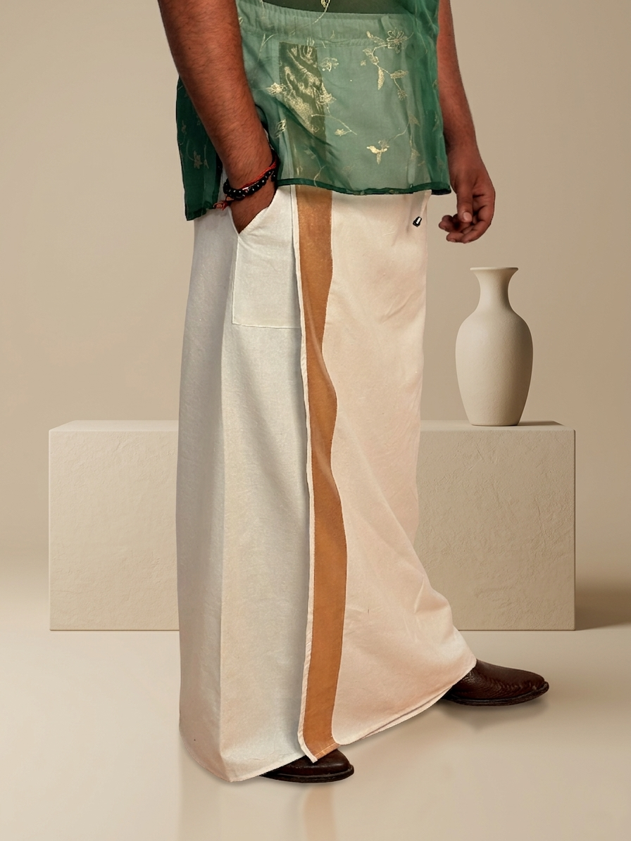 Men White Color With Light Golden Zari Stripe Pajamalungi