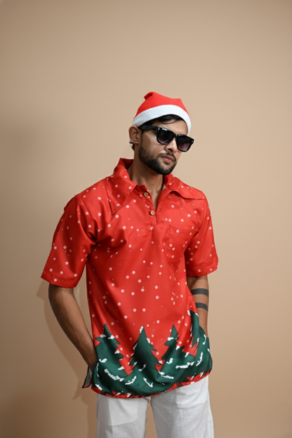 Red Tree Line Kurta For Men's