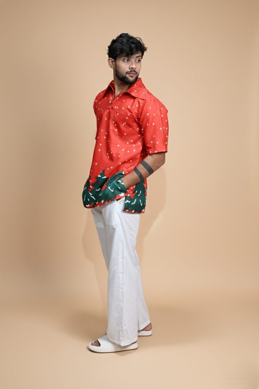 Red Tree Line Kurta For Men's