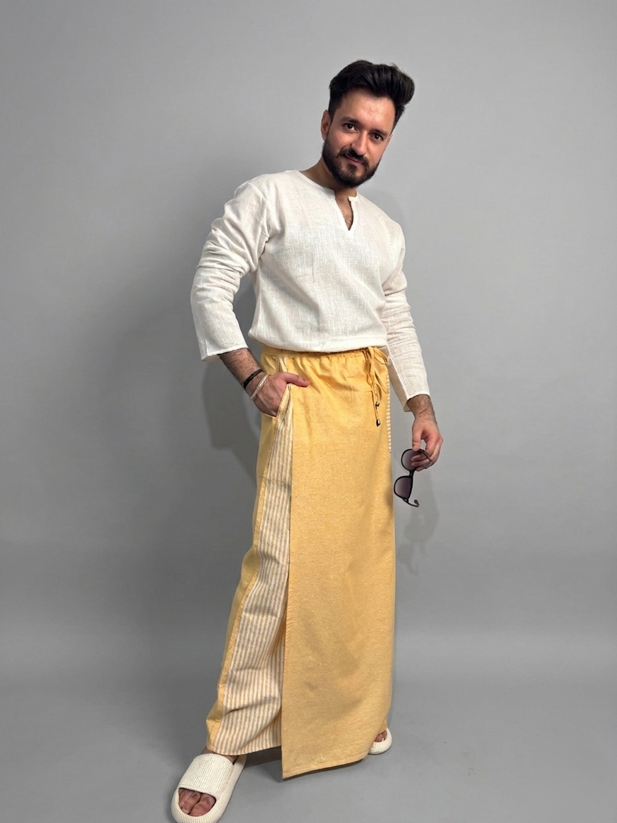 Men Yellow Color Pajamalungi With Yellow Stripe Panel