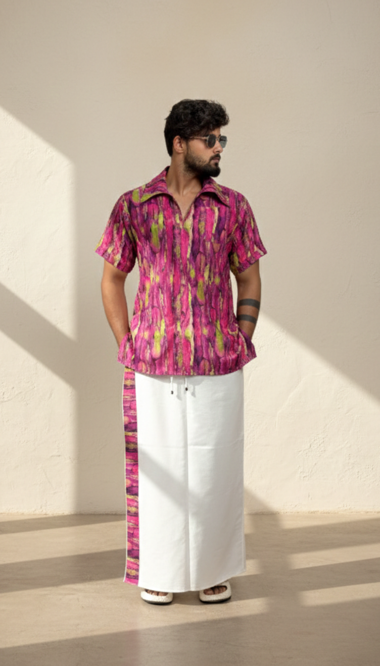 Men's White Cotton Pajamalungi with Vertical Contrast Stripe