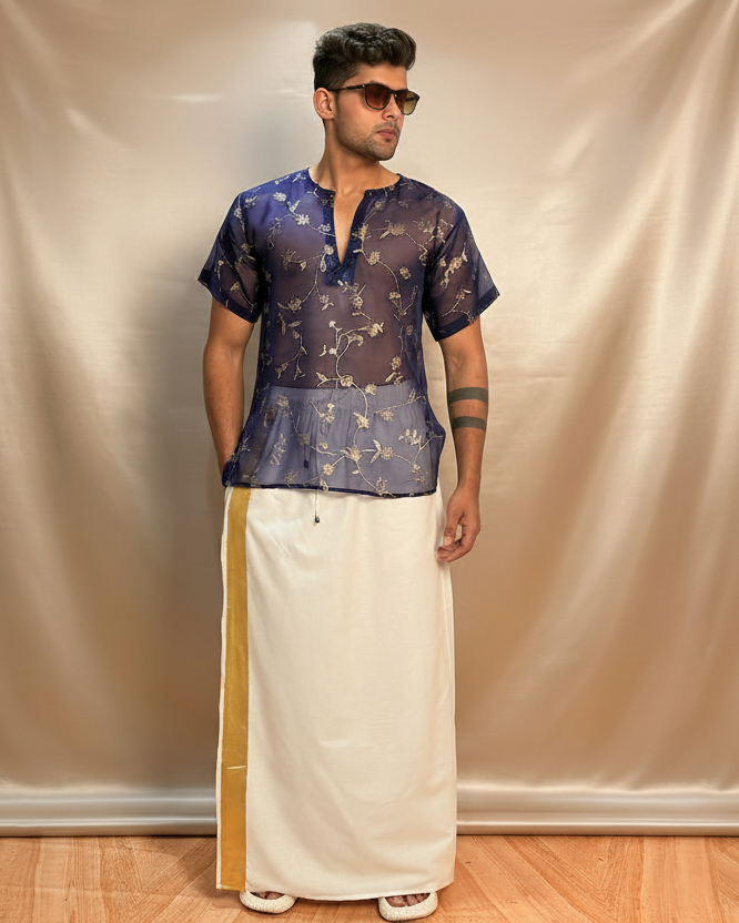 Men Navy Blue Colour Viscose Organza Foil Print Kurta