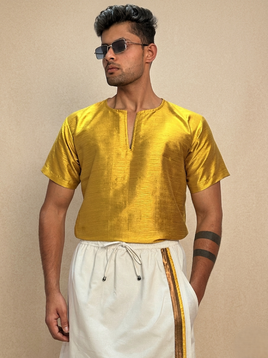 Men Mustard Yellow  Colour Mulberry Silk Kurta.