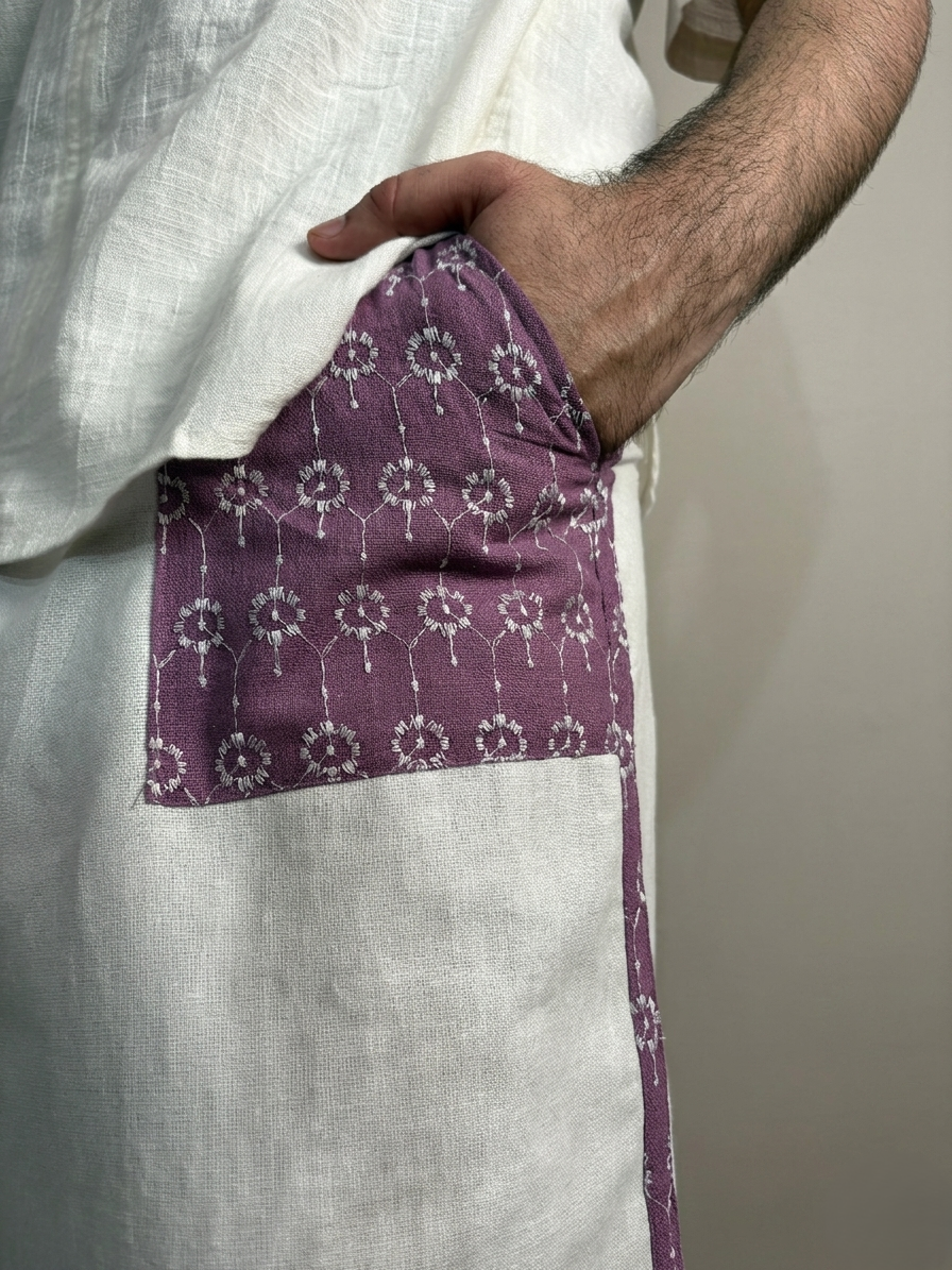 Men White Color  Pajamalungi With Purple Embroidery Panel