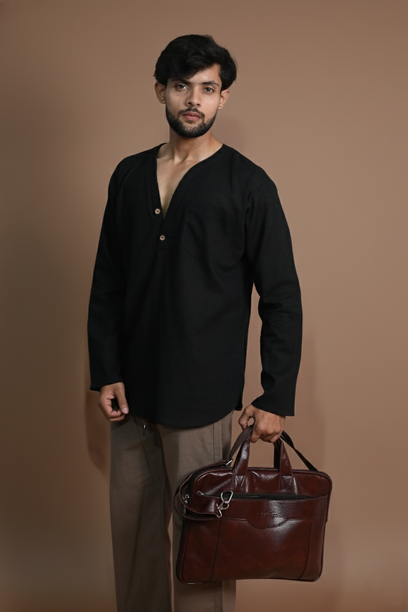 Cotton Black Color Full Sleeve Kurta For Men's