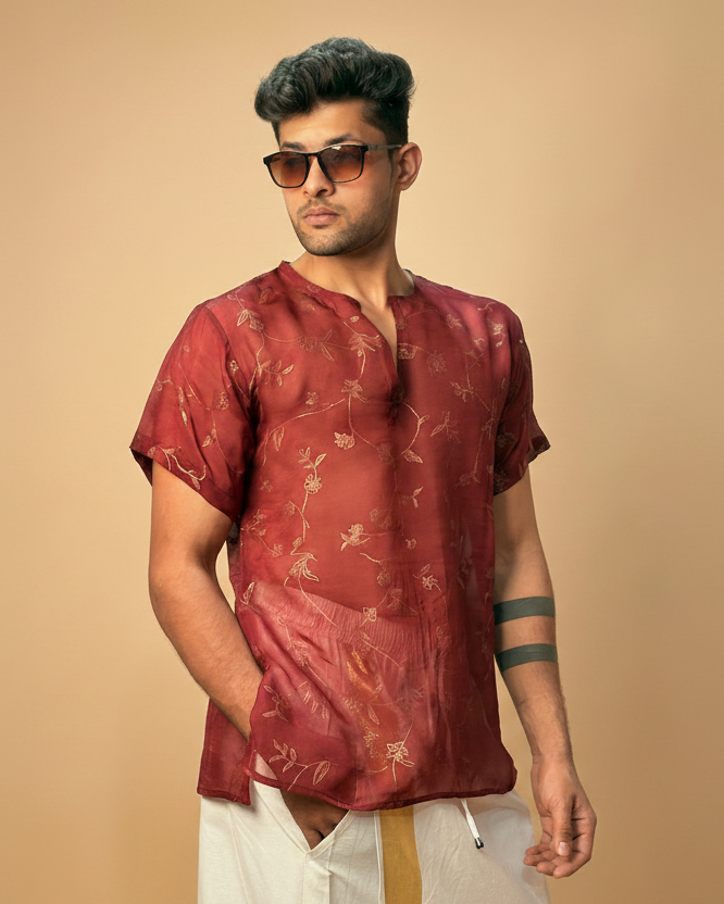 Men Maroon Colour Viscose Organza Foil Print Kurta