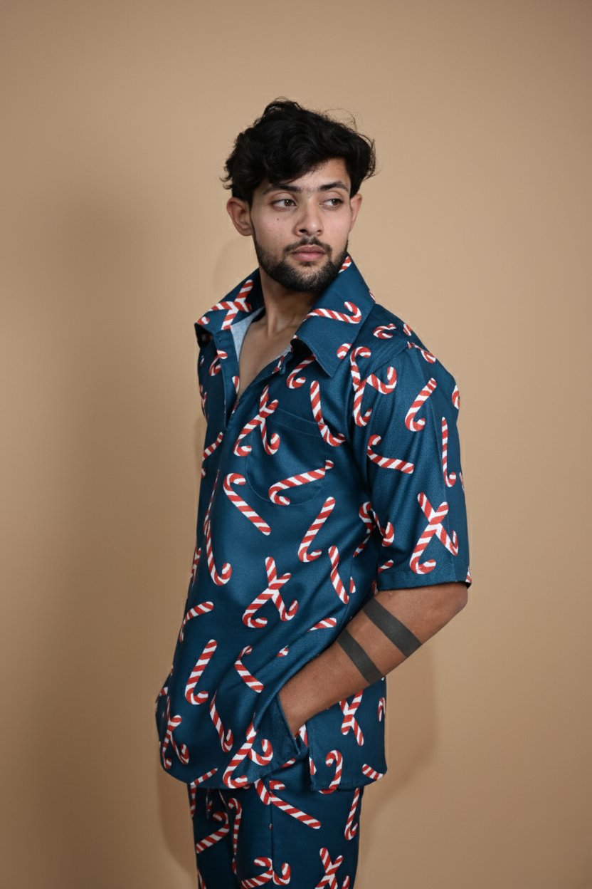 Dark Teal Candy Cane Digital Print Pajama For Men