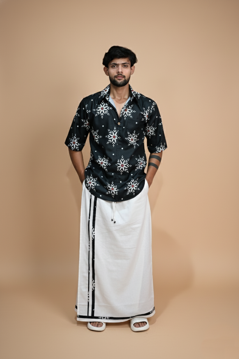 Snowflake Charm Navy Color Digital Print Kurta Shirt For Men