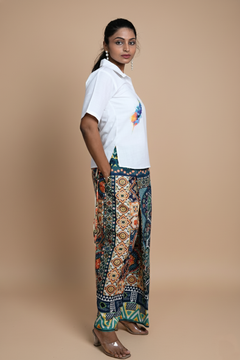 Women Multicolor Peacock Feather Printed White Kurti