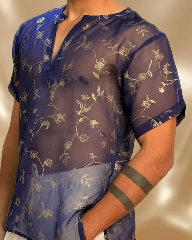 Men Navy Blue Colour Viscose Organza Foil Print Kurta