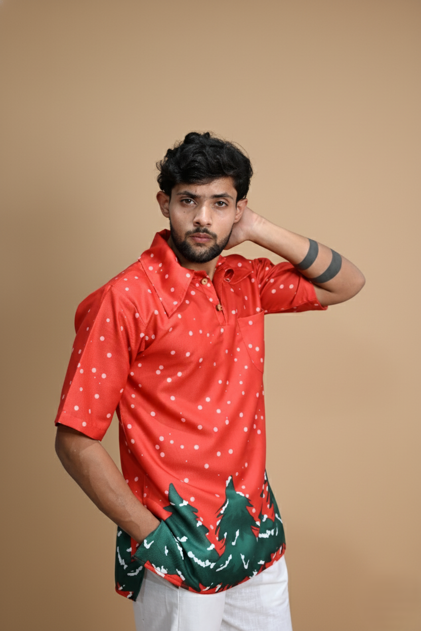 Red Tree Line Kurta For Men's