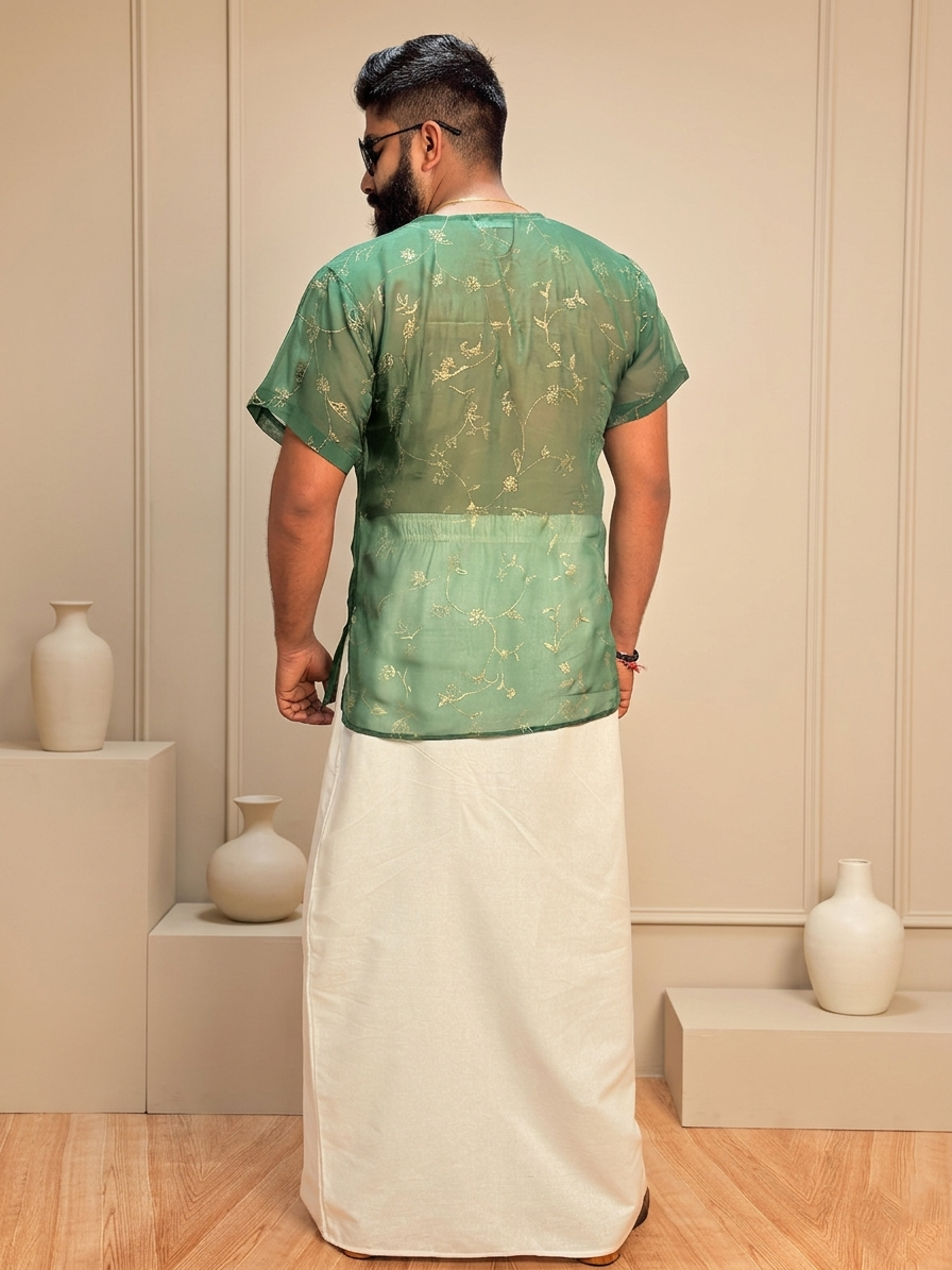 Men White Color With Light Golden Zari Stripe Pajamalungi