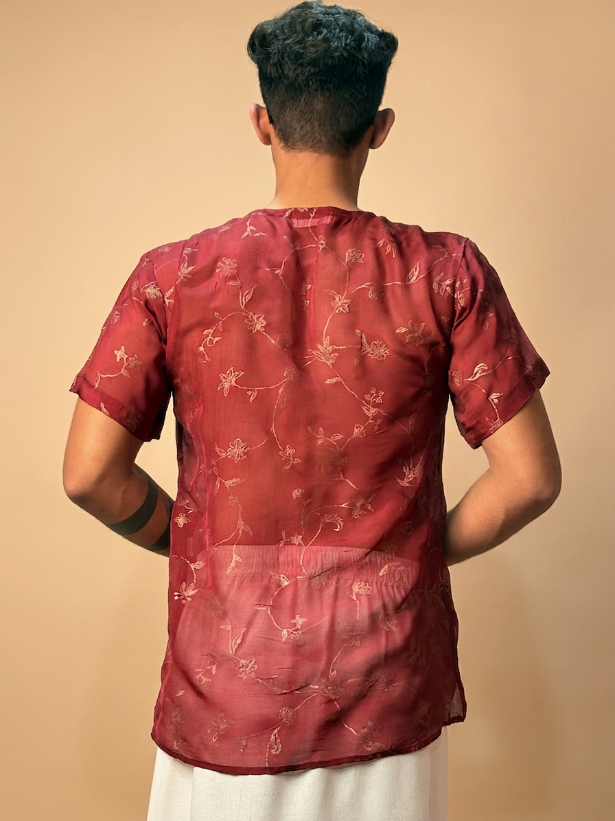 Men Maroon Colour Viscose Organza Foil Print Kurta