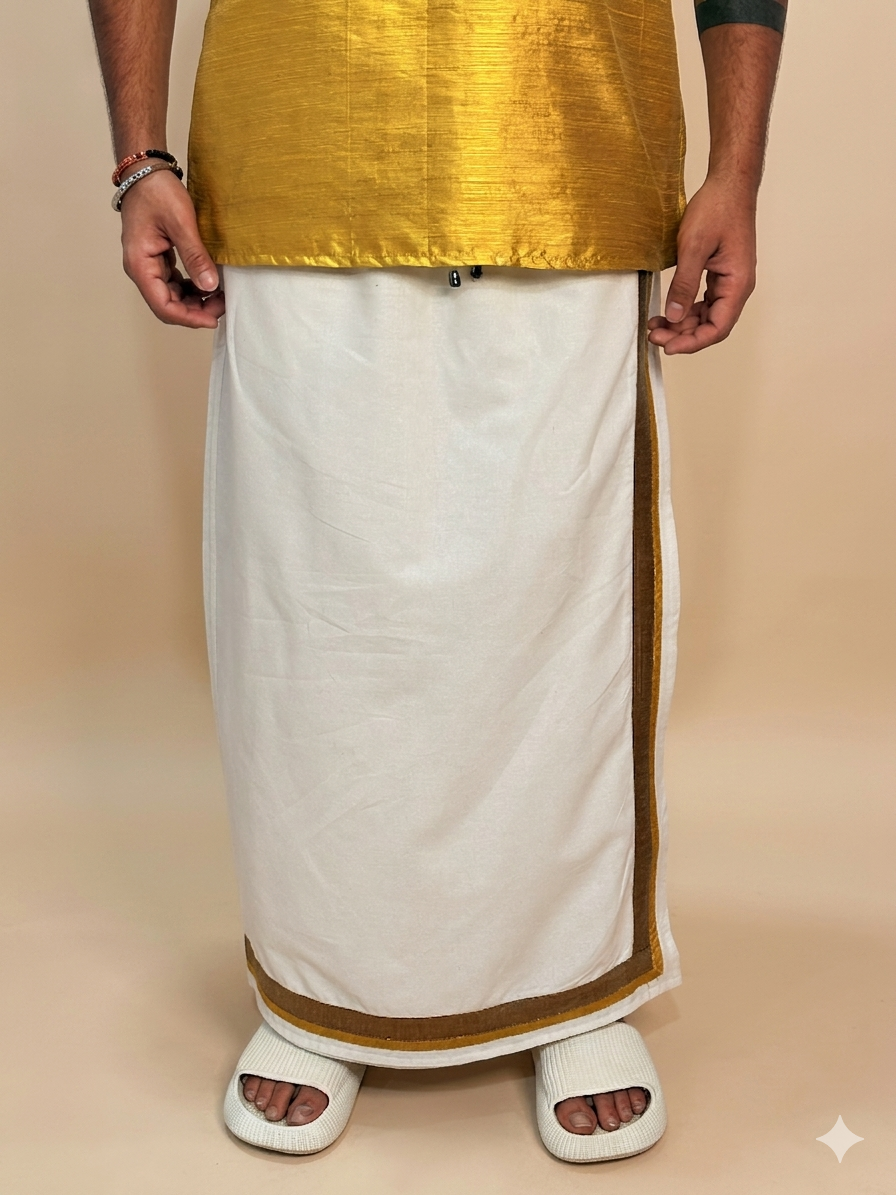Men White Color With Copper Zari & Mustard Yellow Stripe Pajamalungi
