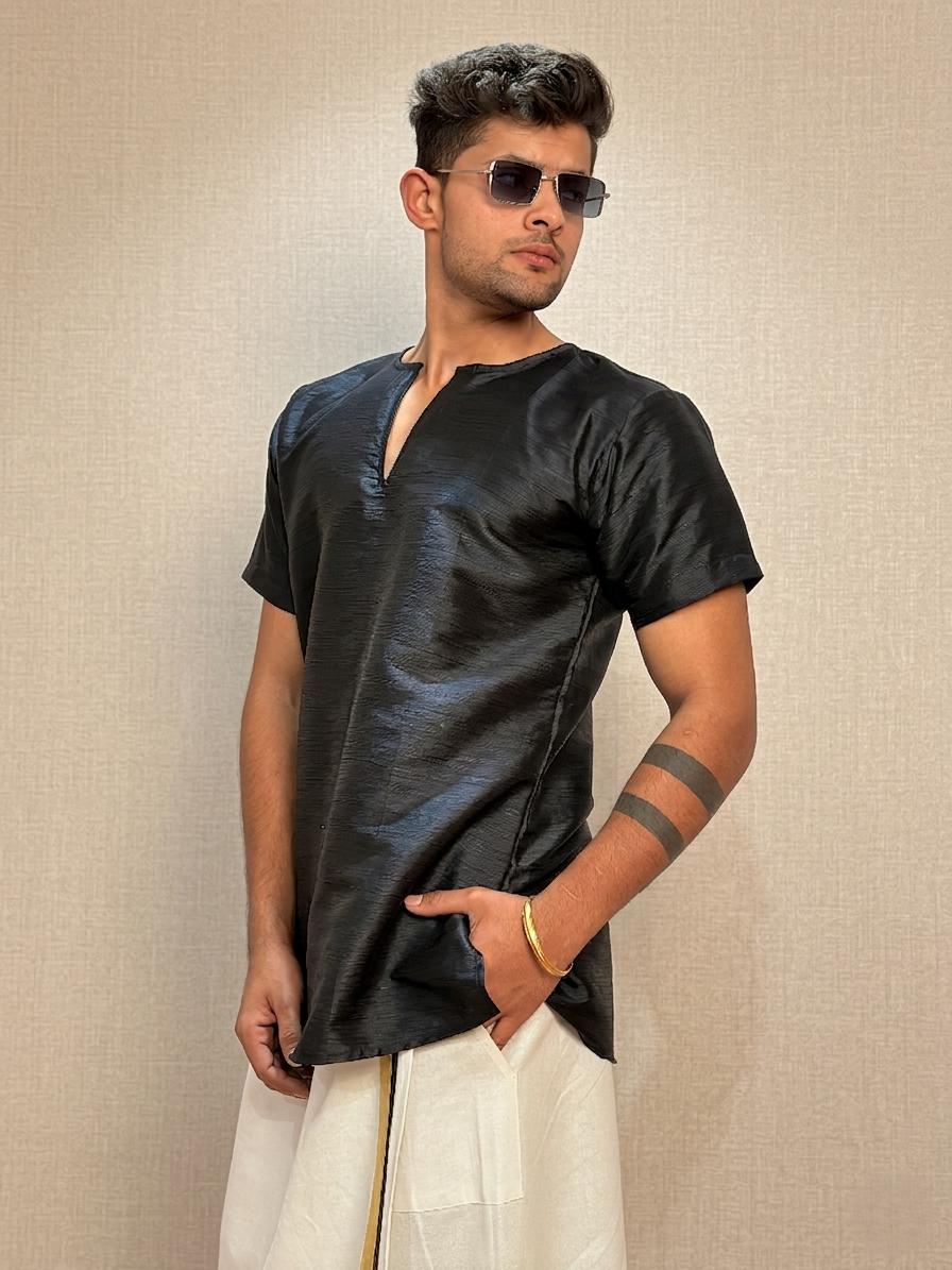 Men Black Colour Mulberry Silk Kurta.