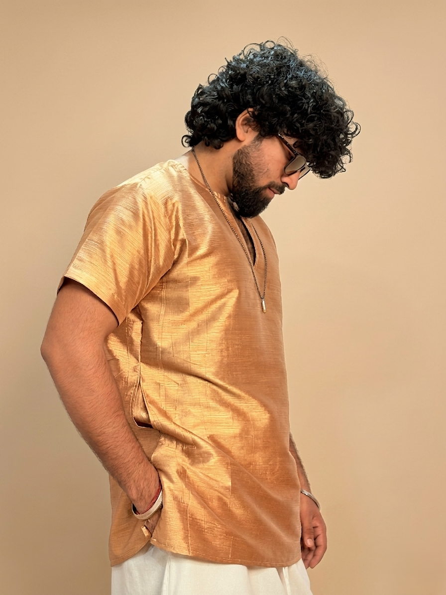 Men Golden Colour Mulberry Silk Kurta.