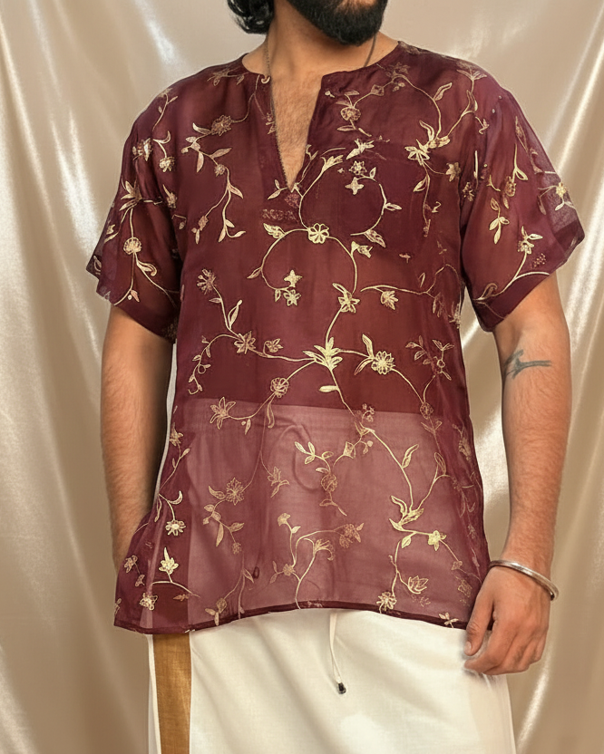 Men Wine Colour Viscose Organza Foil Print Kurta
