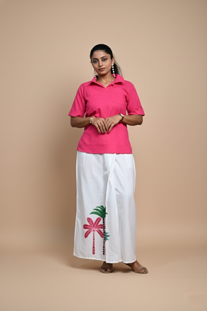 Women Coconut Tree Printed White Pajamalungi