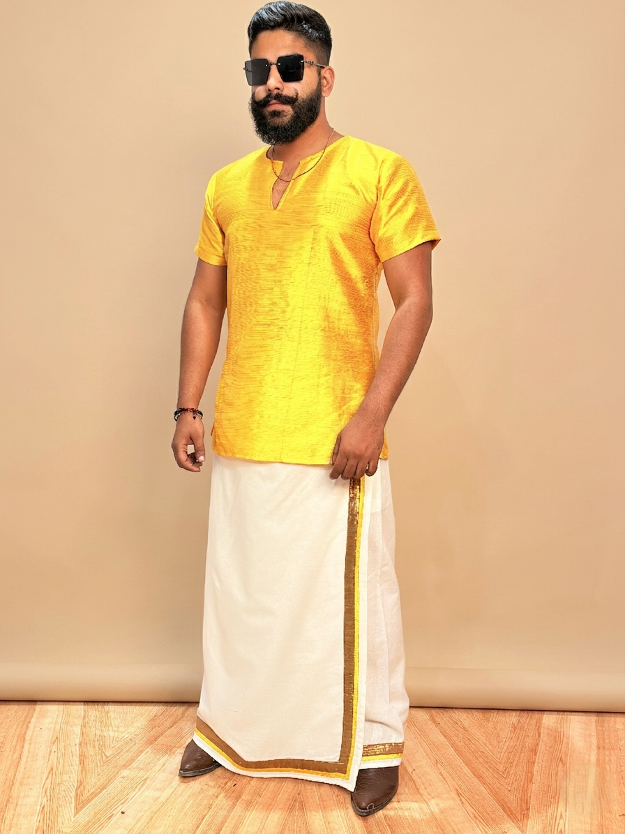 Men Yellow Colour Mulberry Silk Kurta.