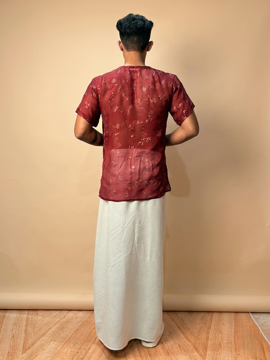 Men Maroon Colour Viscose Organza Foil Print Kurta