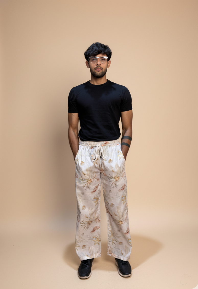 Floral Cream digital print poly linen pajama for men's