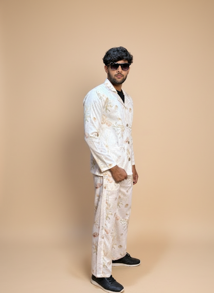 Cream floral Digital printed Blazer for Men's