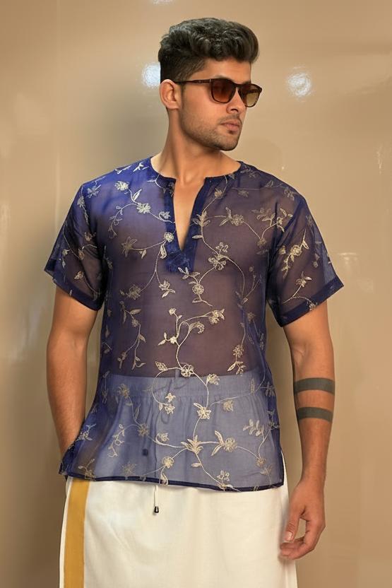 Men Navy Blue Colour Viscose Organza Foil Print Kurta