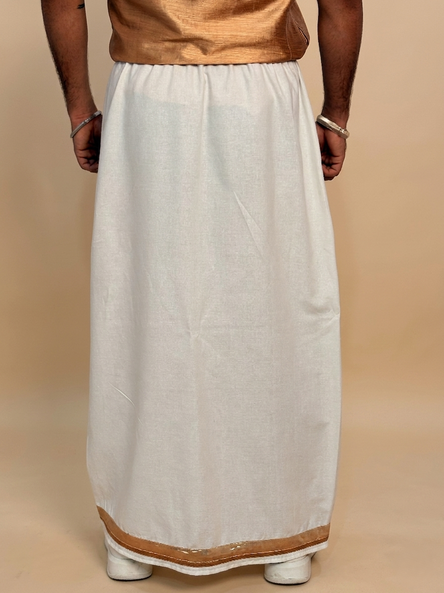 Men White Color With Copper Zari & beige Stripe Pajamalungi