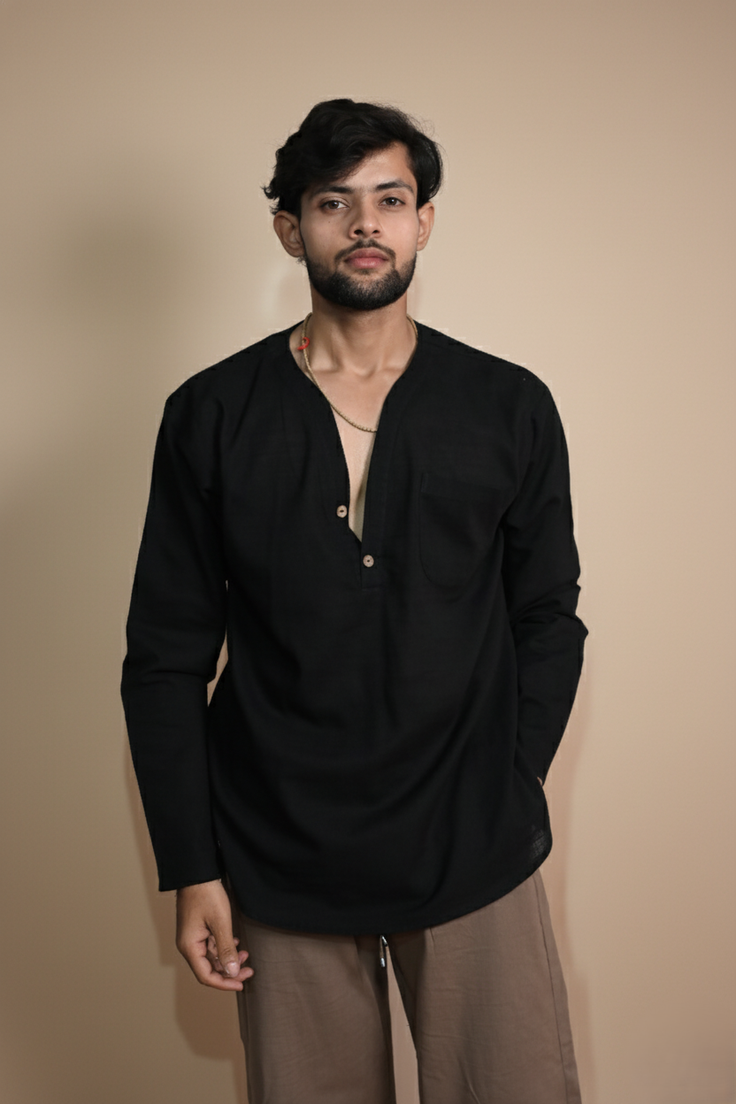 Cotton Black Color Full Sleeve Kurta For Men's