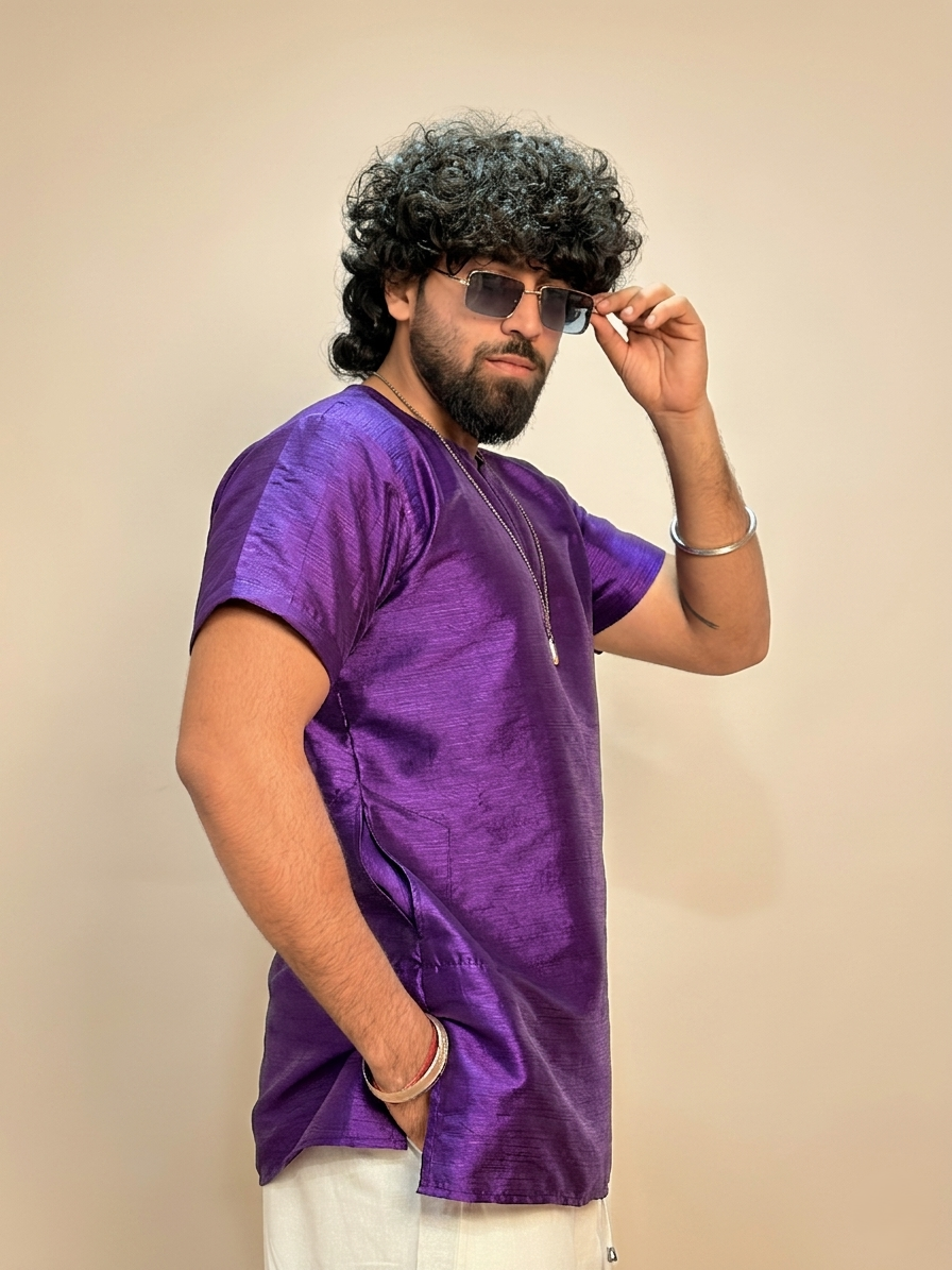 Men Royal Purple Colour Mulberry Silk Kurta.