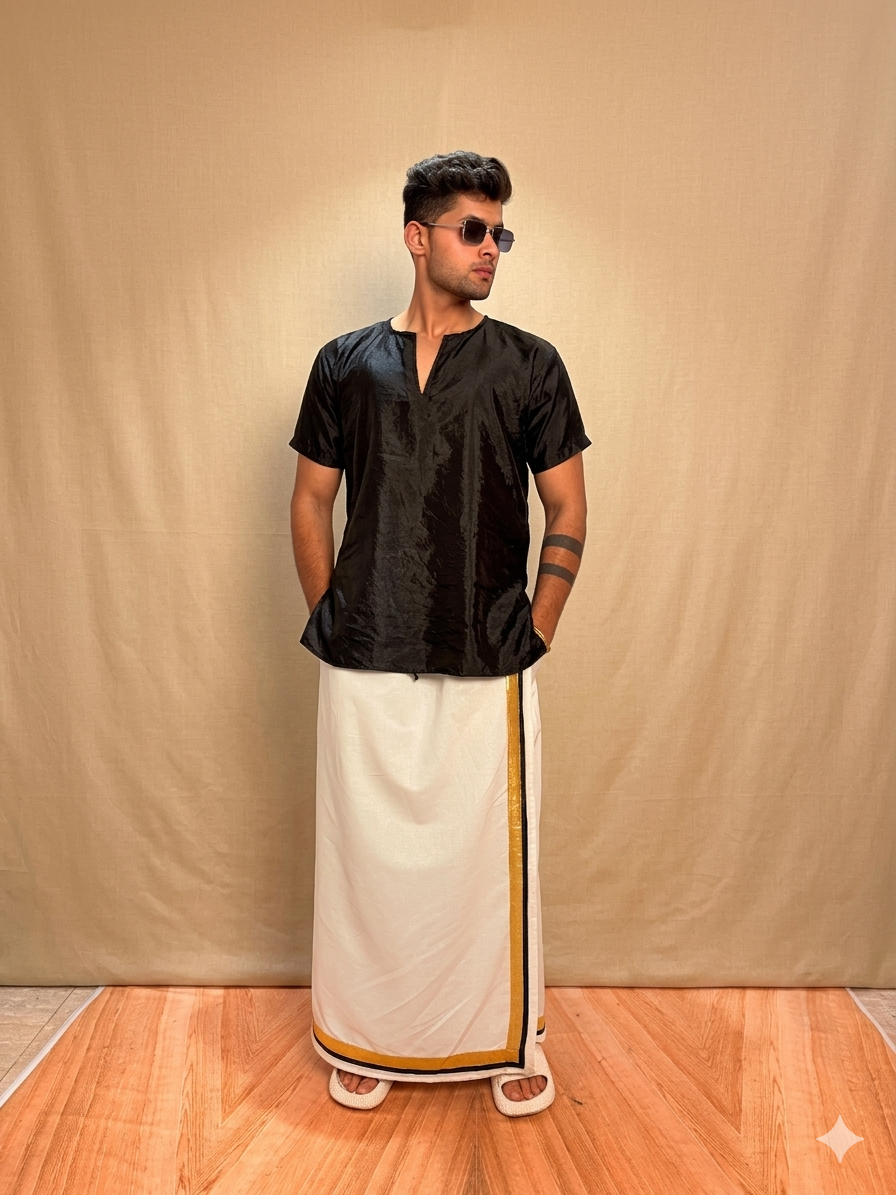 Men Black Colour Silk Kurta.