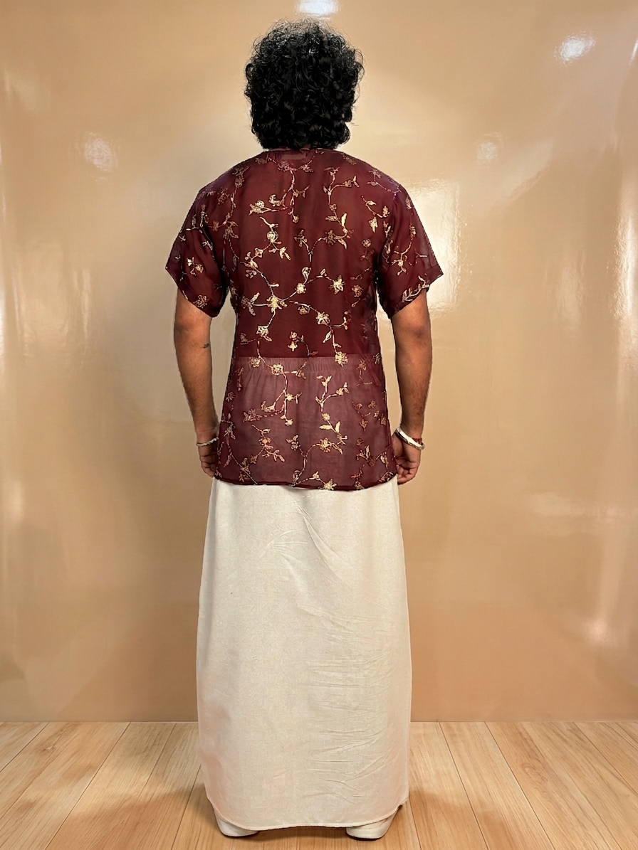 Men Wine Colour Viscose Organza Foil Print Kurta